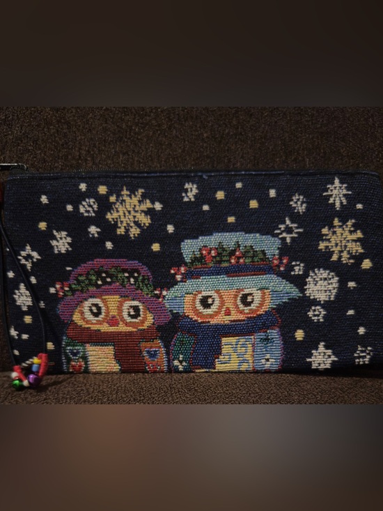 None Handbags - LIKE NEW Owl Wristlet Pouch in Navy with Winter Motif. 9”W x 4.5”H.